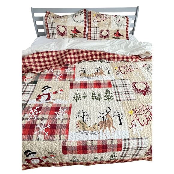 MarCielo Luxury Christmas Queen Patchwork Quilt Pillow Shams 3 piece Set Plaid - Picture 1 of 11